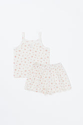 Flatlay of Avauma rose belle picnic tank top and frill shorts – soft floral print